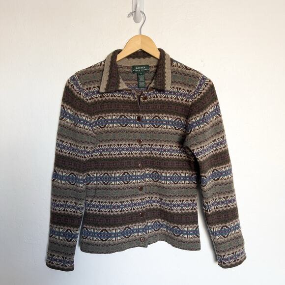 Lauren Ralph Lauren Cardigan Medium Sweater Southwest Aztec Brown Wool FLAWS - Picture 1 of 7